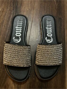 Juicy Couture Womens Yummy Crystal shimmery Slides Sandals Flats Black Size 8